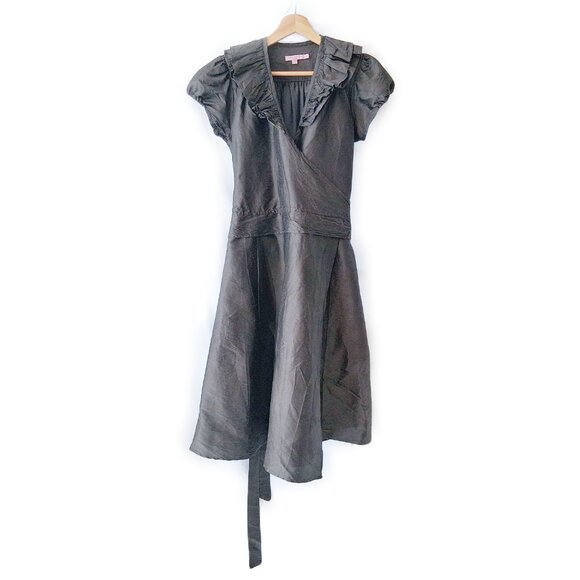 Calypso St Barth Gray Silk Wrap Dress Midi Fit & Flare Ruffle Collar Cap Sleeve - Picture 7 of 9
